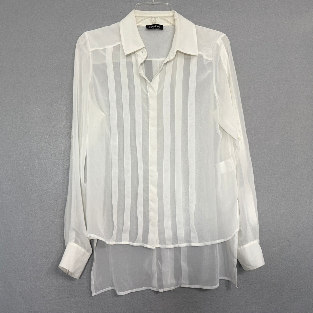 Bebe Women's Sheer White Button Up‎ Size M Long Sleeve Minimalist Office Classic